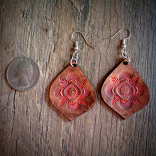 Load image into Gallery viewer, Hand Tooled Leather Coral Mandala Tear Drop Earrings