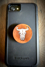 Load image into Gallery viewer, Hand Tooled Leather Cow Skull Phone Grip