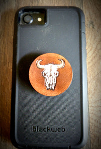 Hand Tooled Leather Cow Skull Phone Grip