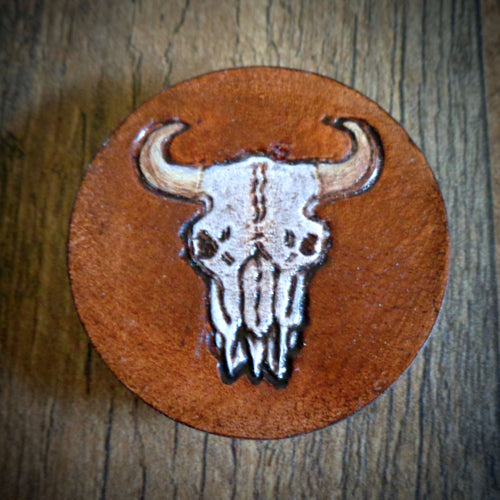 Hand Tooled Leather Cow Skull Phone Grip