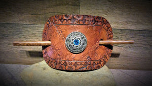 Distressed  Tooled Leather Stick Barrette with Silver and Light Blue Rhinestone Concho
