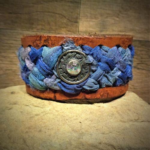 Distressed Light Blue and Lavender Sari Ribbon Braided Leather Cuff with Silver an Iridescent Rhinestone Concho