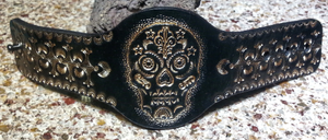 Hand Tooled Gold Metallic Sugar Skull Leather Cuff