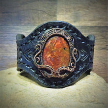 Load image into Gallery viewer, Copper Woven Red Plume Agate Tooled Leather Cuff