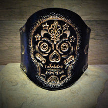Load image into Gallery viewer, Hand Tooled Gold Metallic Sugar Skull Leather Cuff