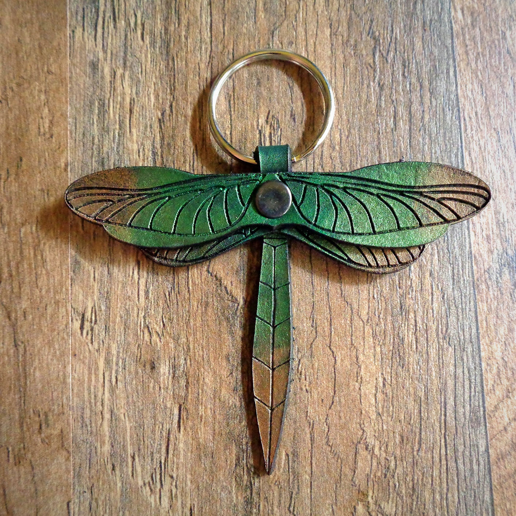 Green and Bronze Leather Dragonfly Key Fob