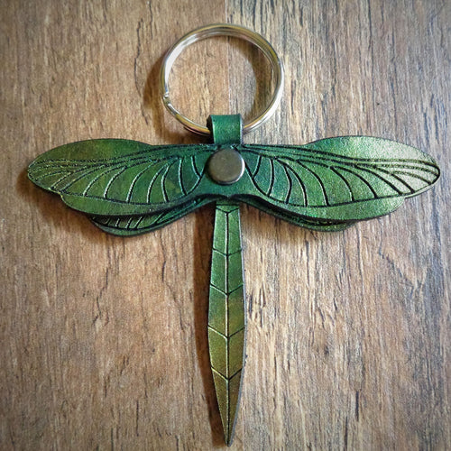 Green and Gold Leather Dragonfly Key Fob