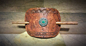 Distressed  Tooled Leather Stick Barrette with Silver and Green Rhinestone Concho