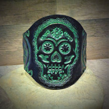 Load image into Gallery viewer, Hand Tooled Green Metallic Sugar Skull Cuff