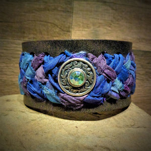 Blue and Mauve Sari Ribbon Braided Leather Cuff with Silver and Iridescent Rhinestone Concho