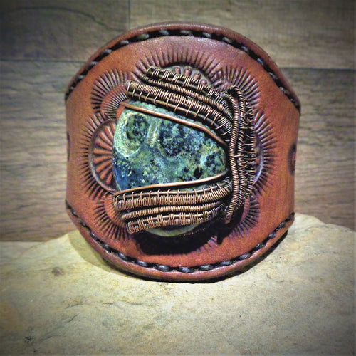 Wire Wrapped Kambaba Jasper Tooled Leather Cuff