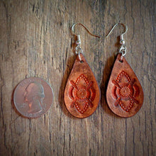 Load image into Gallery viewer, Hand Tooled Leather Orange Mandala Petite Tear Drop Earrings