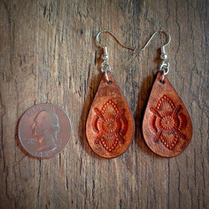 Hand Tooled Leather Orange Mandala Petite Tear Drop Earrings
