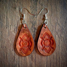 Load image into Gallery viewer, Hand Tooled Leather Orange Mandala Petite Tear Drop Earrings