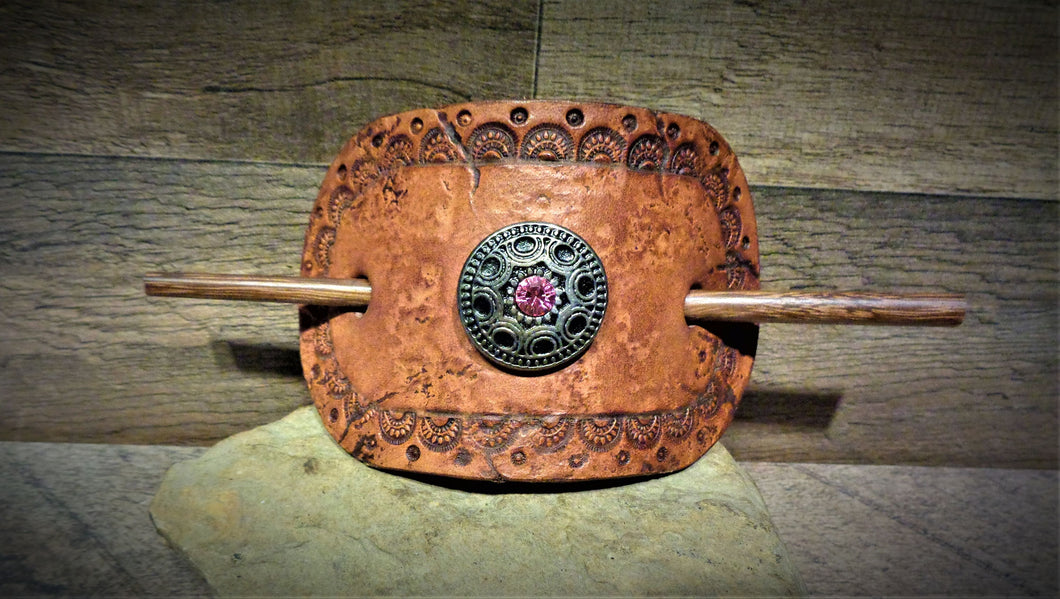 Distressed  Tooled Leather Stick Barrette with Silver and Pink Rhinestone Concho