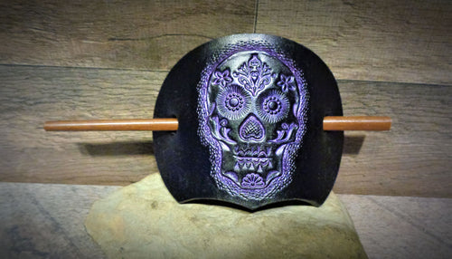 Black and Purple Sugar Skull Leather Stick Barrette