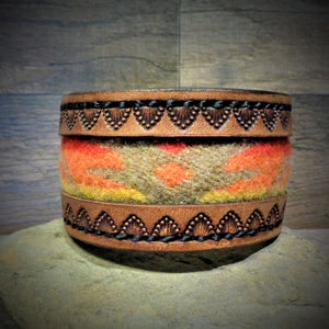 Brown Hand Tooled Leather and Red, Orange, Yellow Pendleton Wool Inlay Cuff
