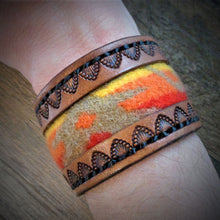Load image into Gallery viewer, Brown Hand Tooled Leather and Red, Orange, Yellow Pendleton Wool Inlay Cuff