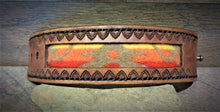 Load image into Gallery viewer, Brown Hand Tooled Leather and Red, Orange, Yellow Pendleton Wool Inlay Cuff