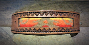 Brown Hand Tooled Leather and Red, Orange, Yellow Pendleton Wool Inlay Cuff