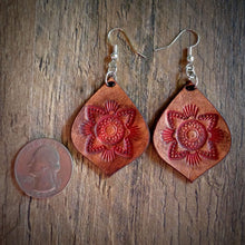 Load image into Gallery viewer, Hand Tooled Leather Red Mandala Tear Drop Earrings