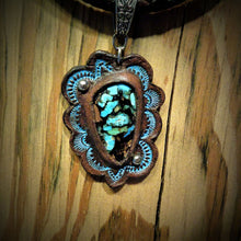 Load image into Gallery viewer, Hand Tooled Leather Pendant with Douglas Fir and Globe Turquoise Inlay