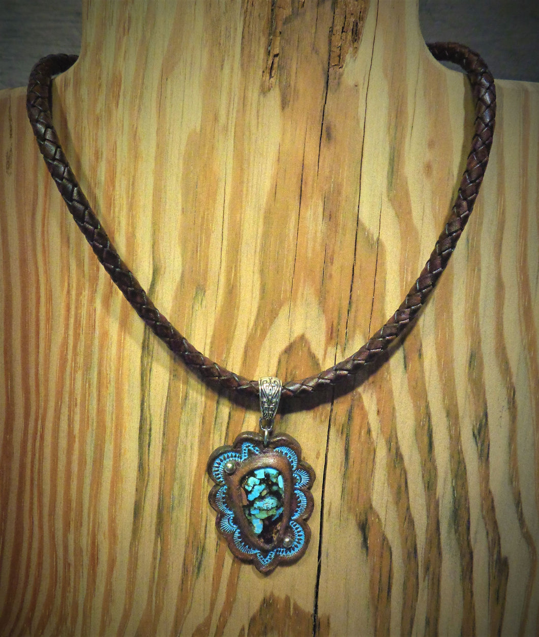 Hand Tooled Leather Pendant with Douglas Fir and Globe Turquoise Inlay