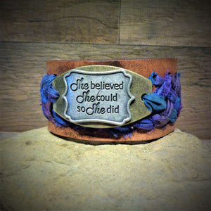 "She Believed She Could.." Blue and Purple Sari Silk Ribbon Leather Cuff
