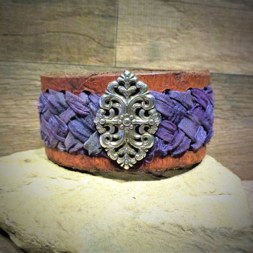 Mauve Sari Ribbon Braided Leather Cuff with Silver Floral Concho
