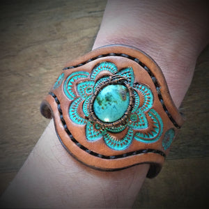 Wire Wrapped Vintage American Turquoise Tooled Leather Cuff