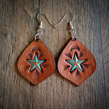 Load image into Gallery viewer, Hand Tooled Leather Distressed Turquoise Star Earrings