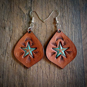 Hand Tooled Leather Distressed Turquoise Star Earrings