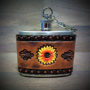 Sunflower Leather Wrapped 2oz Stainless Steel Clip Flask