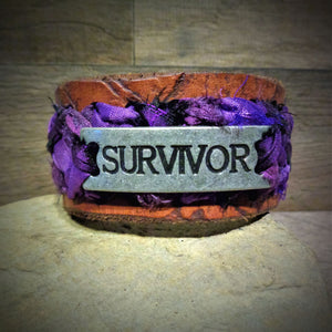 "Survivor" Purple Sari Ribbon Braided Leather Cuff
