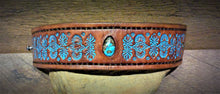 Load image into Gallery viewer, Hand Tooled Leather Cuff with Stormy Mountain Turquoise Inlay