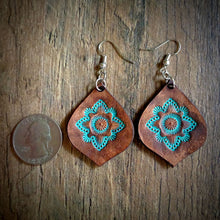 Load image into Gallery viewer, Hand Tooled Leather Turquoise Mandala Tear Drop Earrings