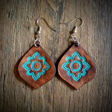 Load image into Gallery viewer, Hand Tooled Leather Turquoise Mandala Tear Drop Earrings