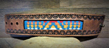 Load image into Gallery viewer, Brown Hand Tooled Leather and Turquoise Pendleton Wool Inlay Cuff