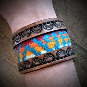 Brown Hand Tooled Leather and Turquoise Pendleton Wool Inlay Cuff