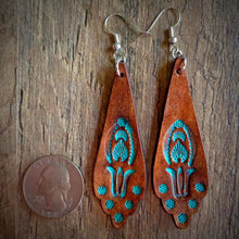 Load image into Gallery viewer, Hand Tooled Leather Turquoise Floral Scallop Earrings