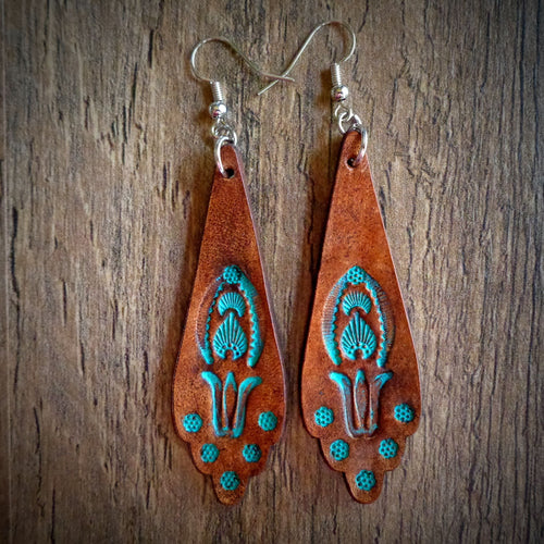 Hand Tooled Leather Turquoise Floral Scallop Earrings