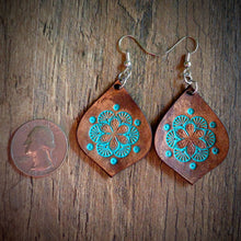 Load image into Gallery viewer, Hand Tooled Leather Turquoise Floral Tear Drop Earrings