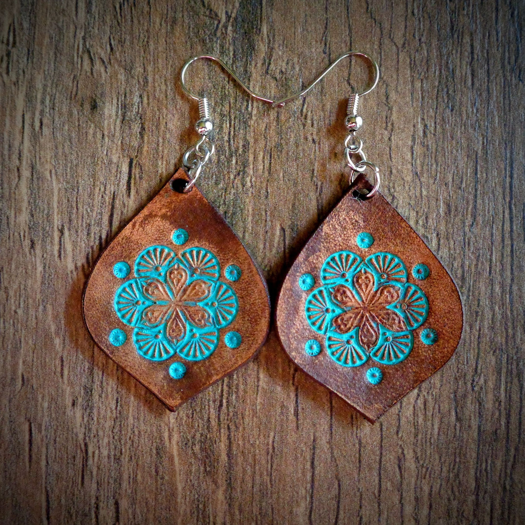 Hand Tooled Leather Turquoise Floral Tear Drop Earrings