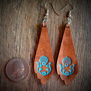Hand Tooled Leather Turquoise Shell Scallop Earrings