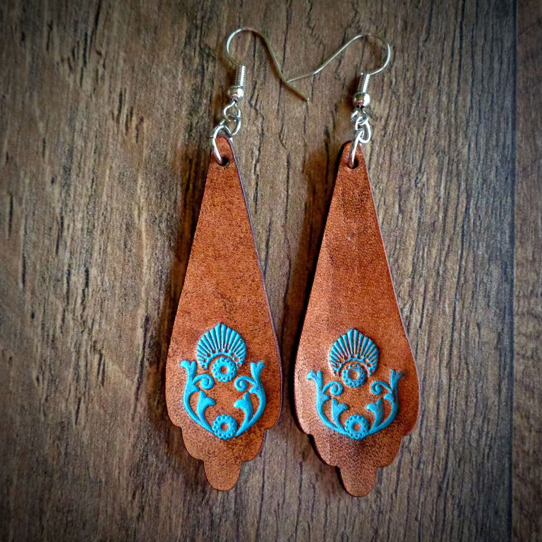 Hand Tooled Leather Turquoise Shell Scallop Earrings