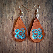Load image into Gallery viewer, Hand Tooled Leather Turquoise Mandala Petite Tear Drop Earrings