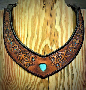 Hand Tooled Moorish Inspired Vintage Kingman Turquoise Inlay Leather Torc Necklace