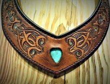 Load image into Gallery viewer, Hand Tooled Moorish Inspired Vintage Kingman Turquoise Inlay Leather Torc Necklace