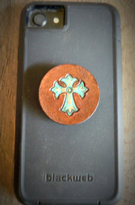 Hand Tooled Leather Turquoise Cross Phone Grip