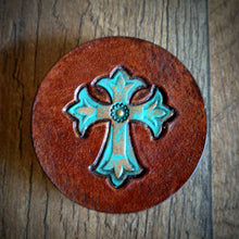 Load image into Gallery viewer, Hand Tooled Leather Turquoise Cross Phone Grip